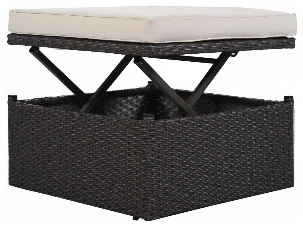 4-Piece Outdoor Wicker Sectional Patio Daybed with Canopy and Ottoman, Black Bei