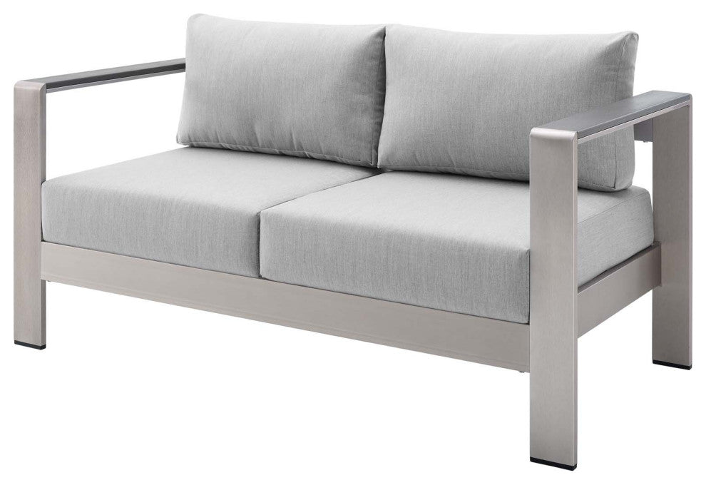 Lounge Loveseat Sofa, Sunbrella, Fabric, Aluminum, Silver Gray, Outdoor