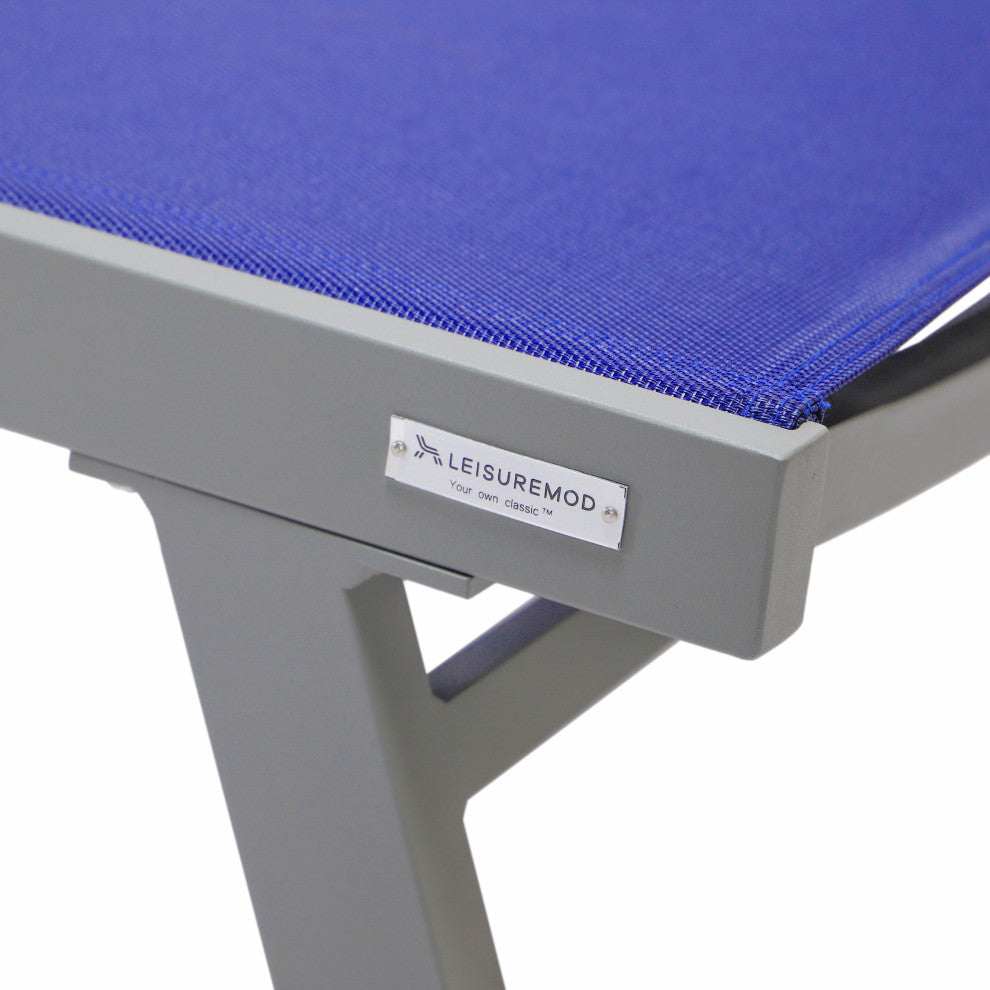 LeisureMod Marlin Patio Chaise Lounge Chair With Arms Gray Frame, Navy Blue