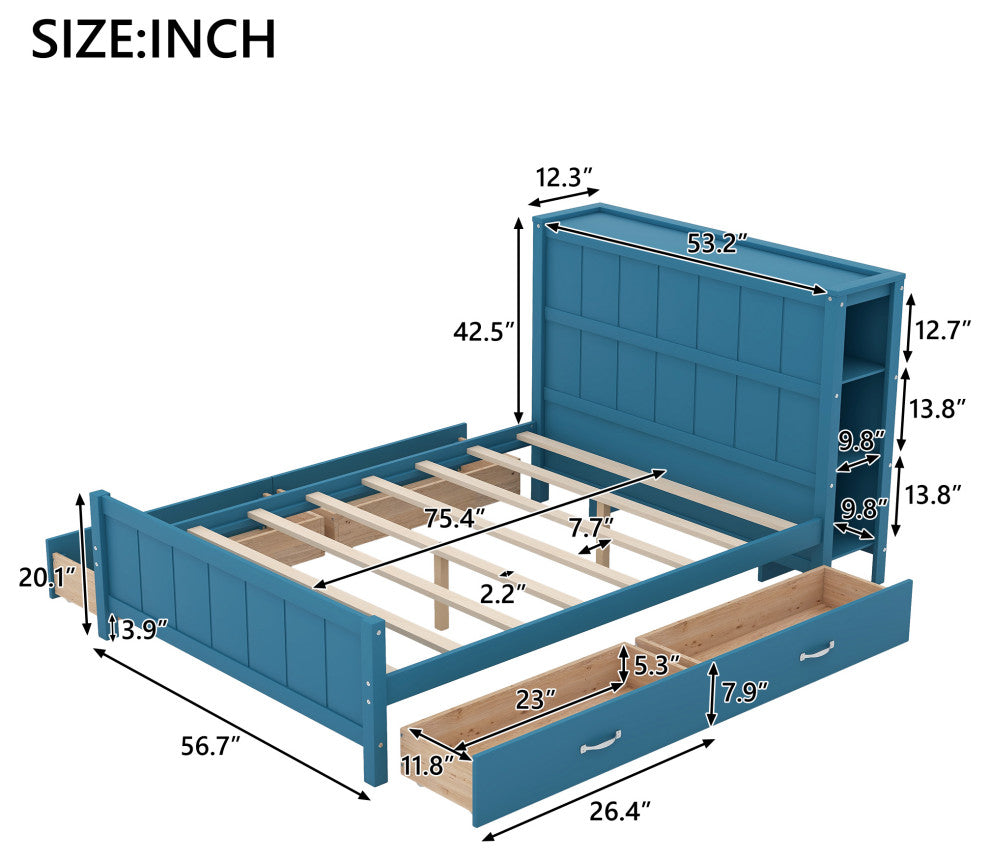 Full Size Platform Bed with Storage Drawers and Headboard Shelves (No mattress), Blue
