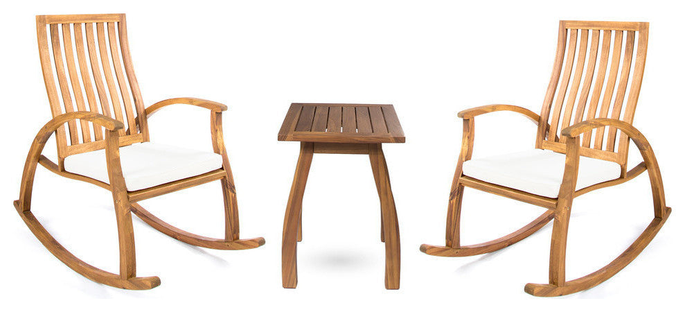 GDF Studio 3-Piece Cattan Outdoor Acacia Wood Rocking Chair Chat Set