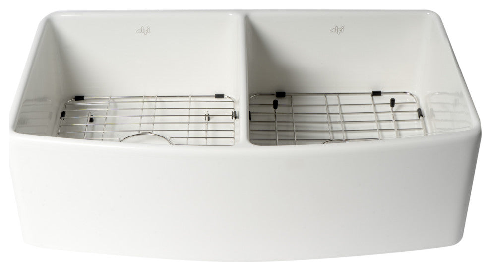 ALFI Brand ABFC3320D-W Smooth Curved Apron Two Bowl Fireclay Farm Sink with Gri