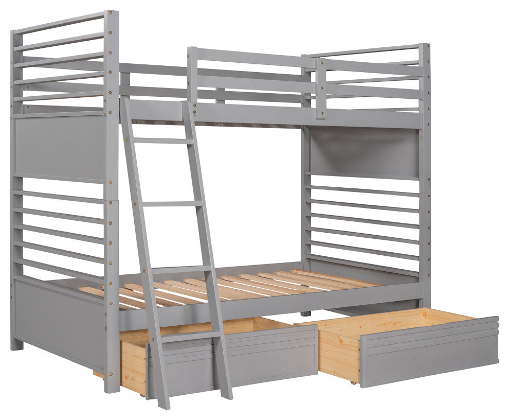 Gewnee Wood Twin Over Twin  Bunk Bed with Two Drawers in Gray