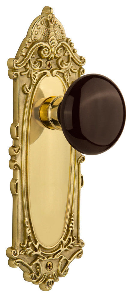 Victorian Plate Passage Poreclain Door Knob, Polished Brass
