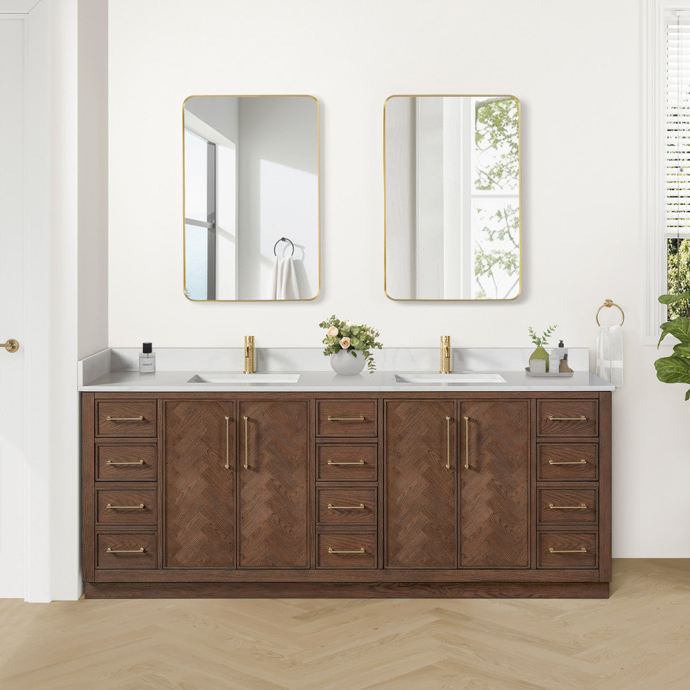 Jakarta Bath Vanity, Quartz Top No Mirror, Dark Brown Oak, 84", Double Vanity