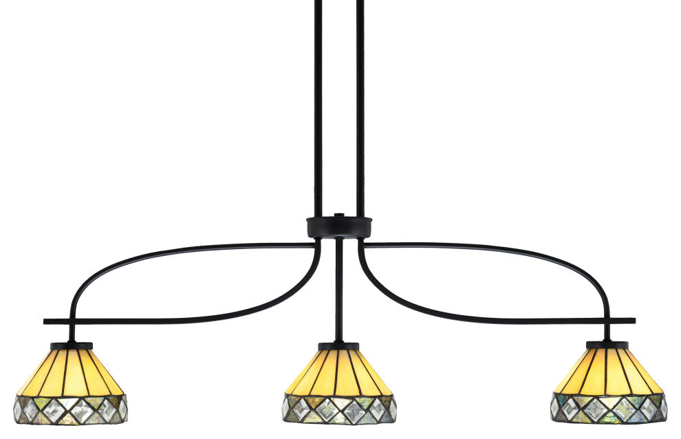 Cavella 3 Light Island Light, Matte Black Finish, 7" Diamond Peak Art Glass