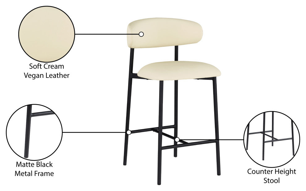 Lupita Upholstered Counter Stool, Cream, Vegan Leather, Matte Black, Set of 2