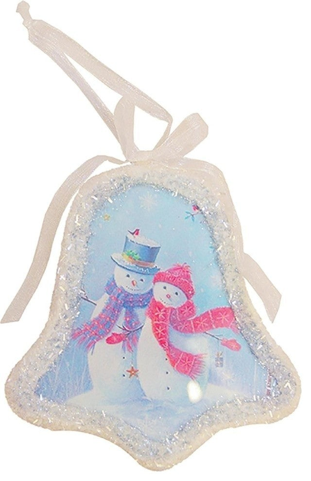 5" Glass Led Lighted Snowman Couple Christmas Bell Ornament