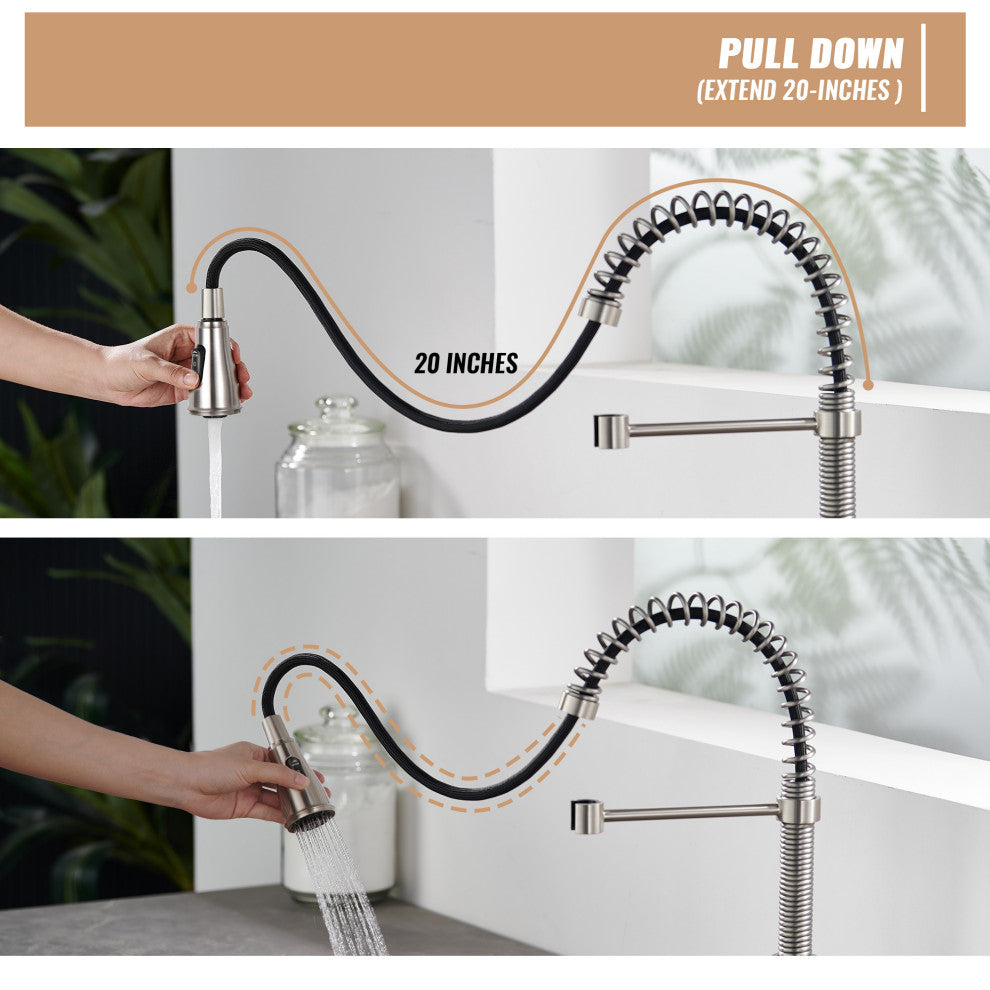 Single Handle Kitchen Faucet Pull-Down Sprayer, 360 Swivel, Three Functions, Brushed Nickel