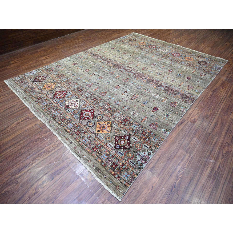 Sage Gray Afghan Super Kazak Hand Knotted Shiny Wool Oriental Rug, 8'6"x11'8"