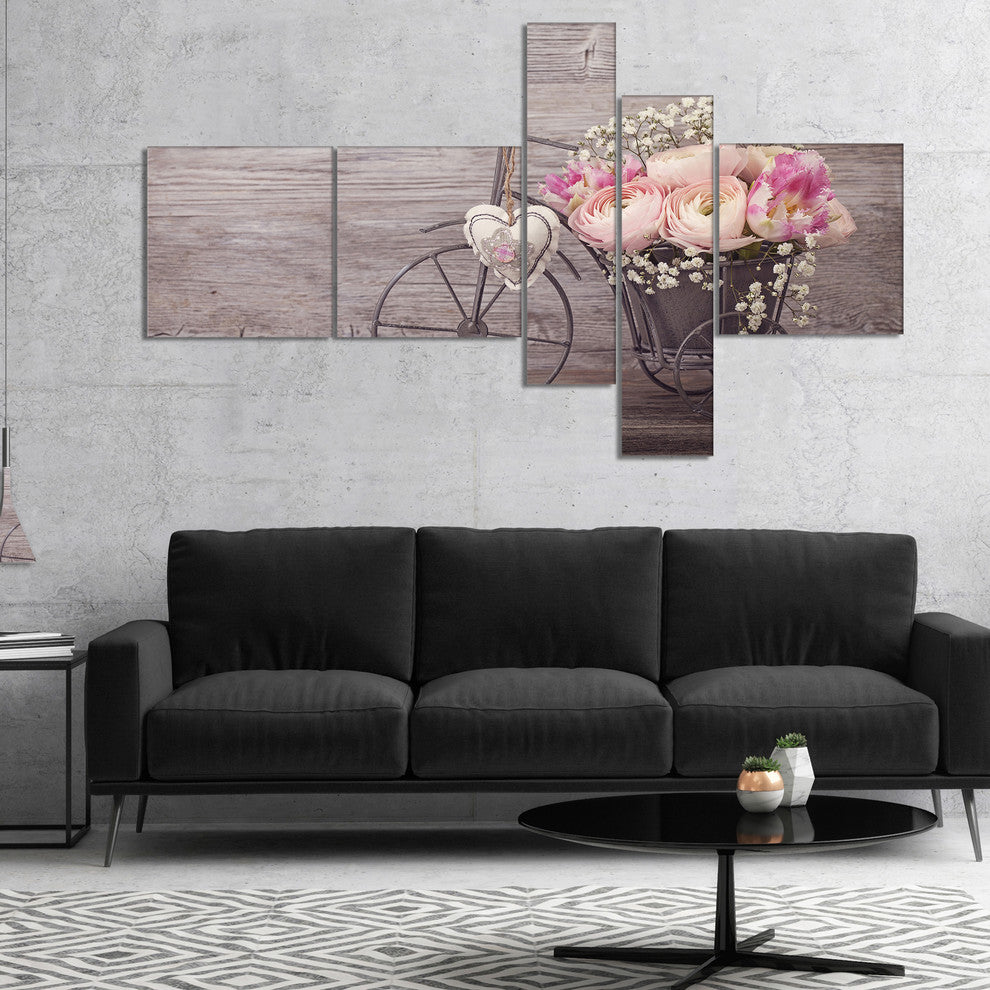 Ranunculus Flowers in Bicycle Vase, Floral Canvas Art Print, 60"x32", 5 panels