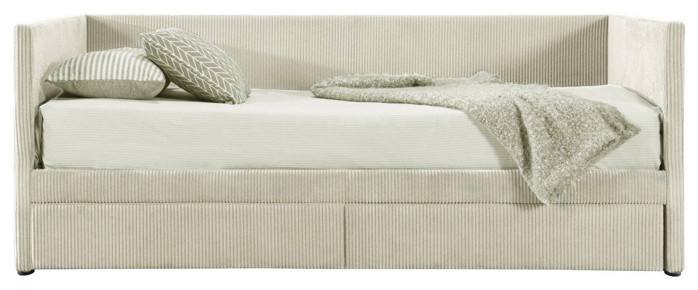 Gewnee Twin Size Corduroy Daybed with Two Drawers and Wood Slat in Beige