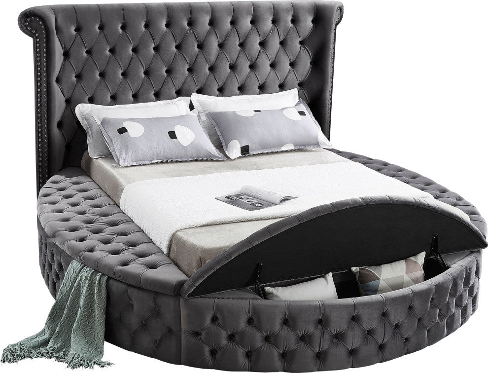 Luxus Button Tufted Velvet Round Bed, Gray, Full