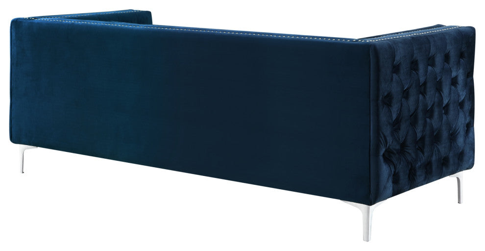 Jeannie Velvet 3-Seat Sofa Button Tufted With Metal Legs, Navy