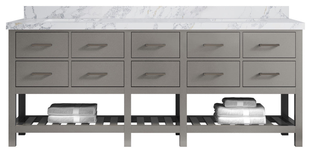 Parker 84" Double Sink Bath Vanity, Elephant Skin Gray 2" Calacatta Poanazzo