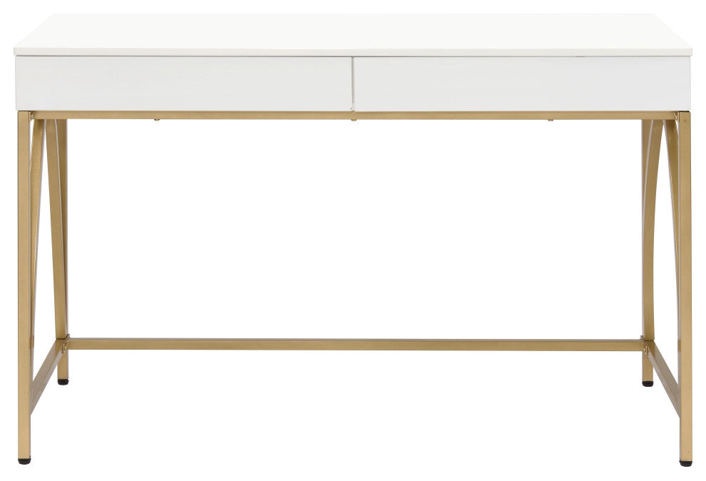 Benzara BM211100 Wooden Frame Desk With 2 Drawers and Metal Legs, White and Gold