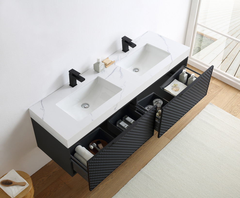Manarola with Thick Quartz Wall Mount Vanity, Black of Night, 72"