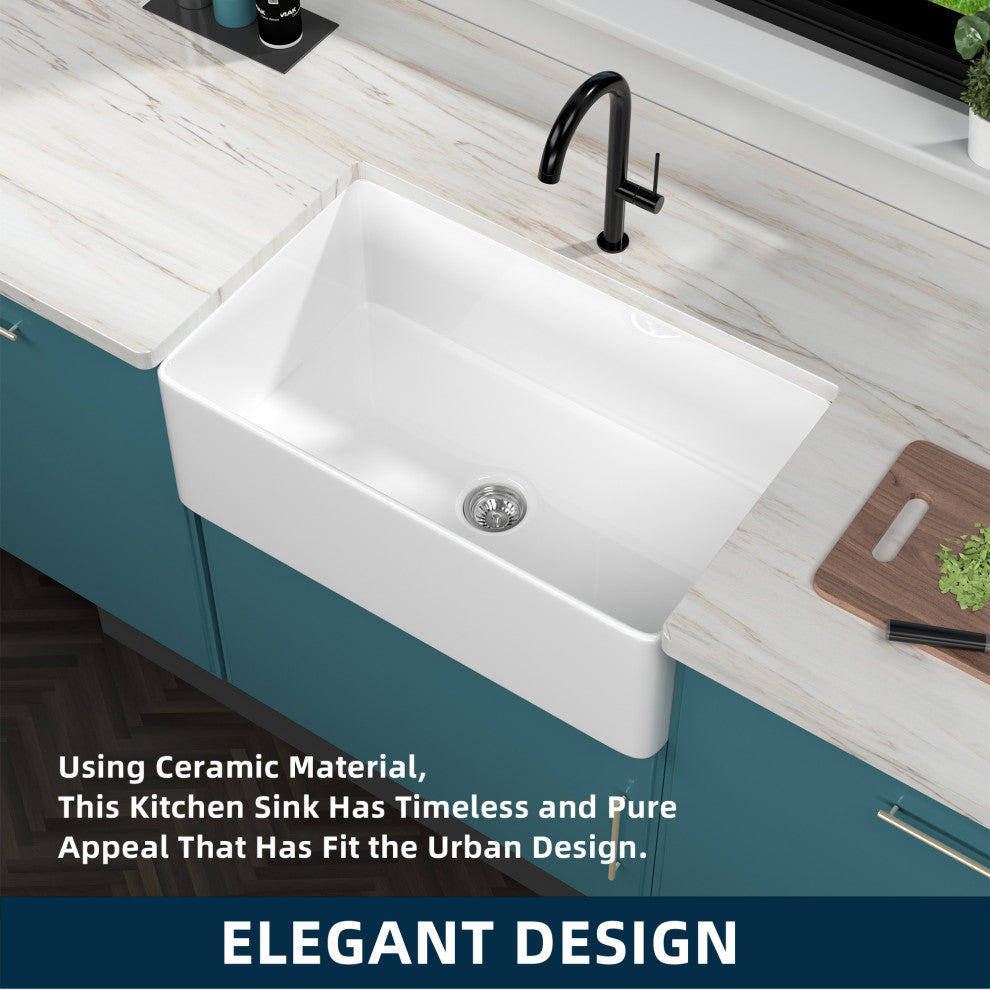 White Ceramic Single Bowl Farmhouse Apron Kitchen Sink with Sink Grid, 36"18"