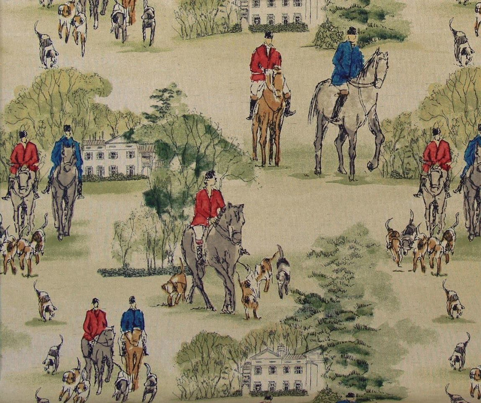 Horse hunt toile fabric red green equestrian home decorating material, Sample Cut