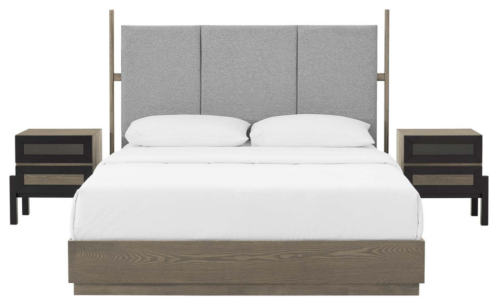 Platform Bed Nightstand Set, Queen Size, Brown Oak, Wood, Modern, Mid Century