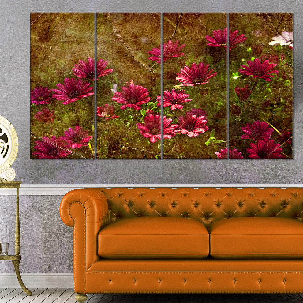 Spring Garden with Little Red Flowers, Floral Canvas Artwork, 48"x28", 4 Panels