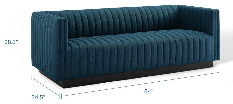 Tufted Sofa, Fabric, Navy Blue, Modern, Living Lounge Hotel Lobby Hospitality