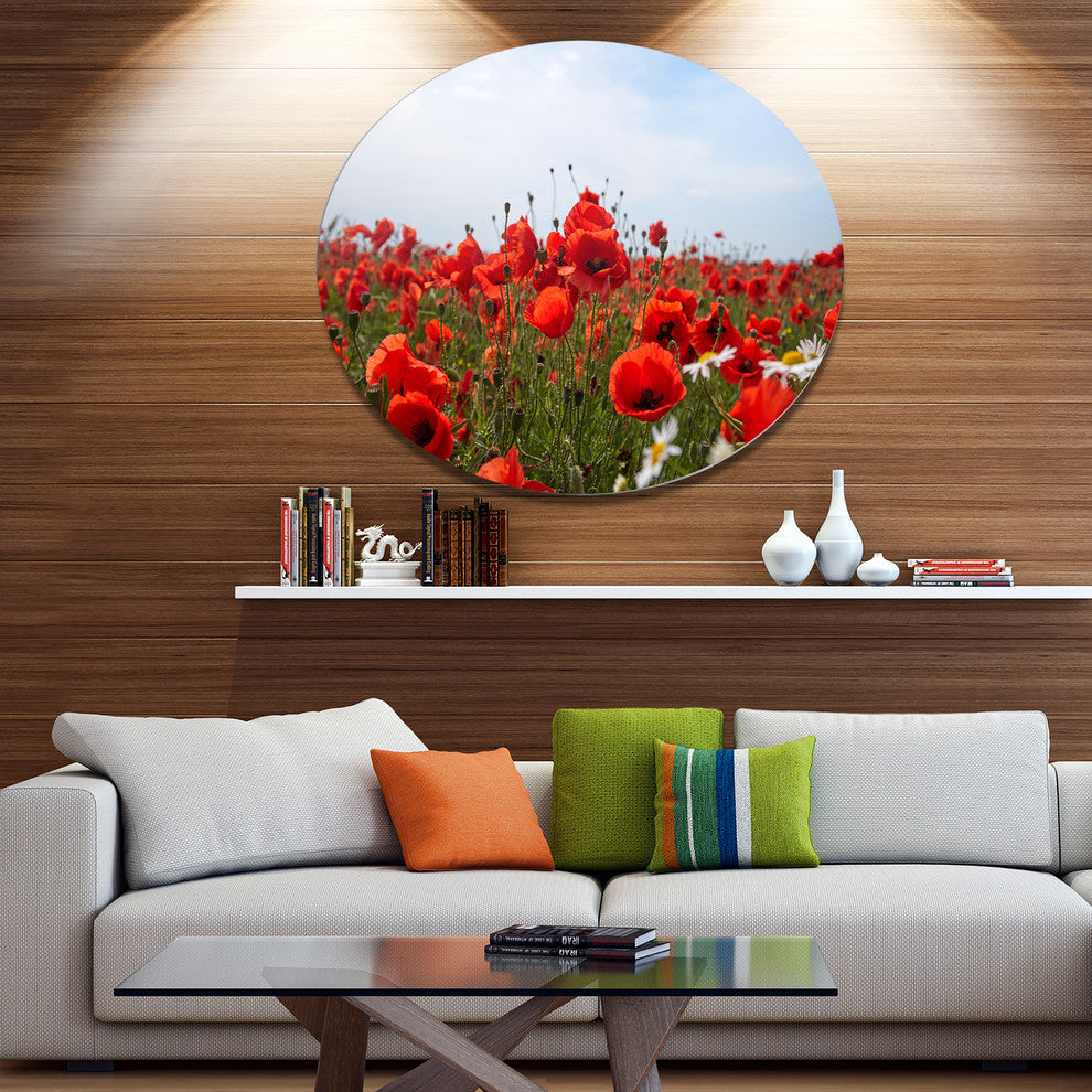 Red Poppies Under Bright Blue Sky, Flower Round Wall Art, 11"