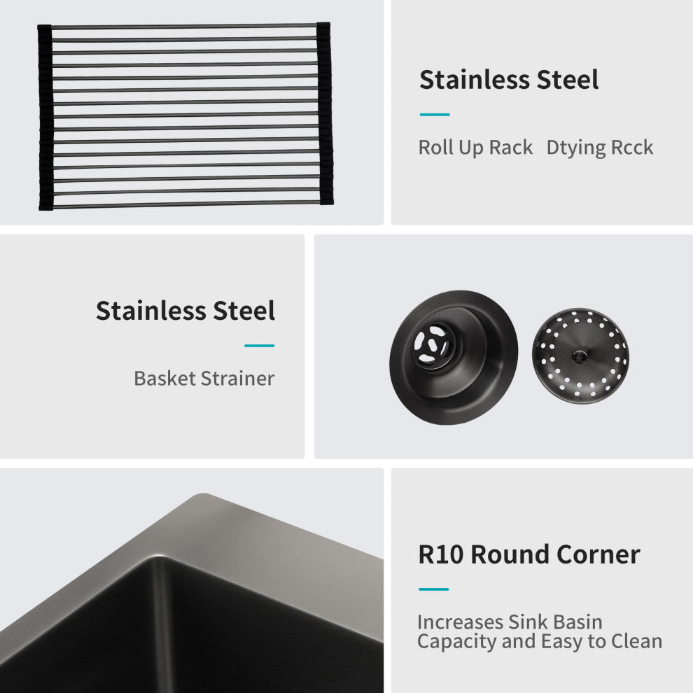 Black Stainless Steel Single Bowl Drop-In Kitchen Sink with Drain Assembly, Gunmetal Black, 28'' X 22''