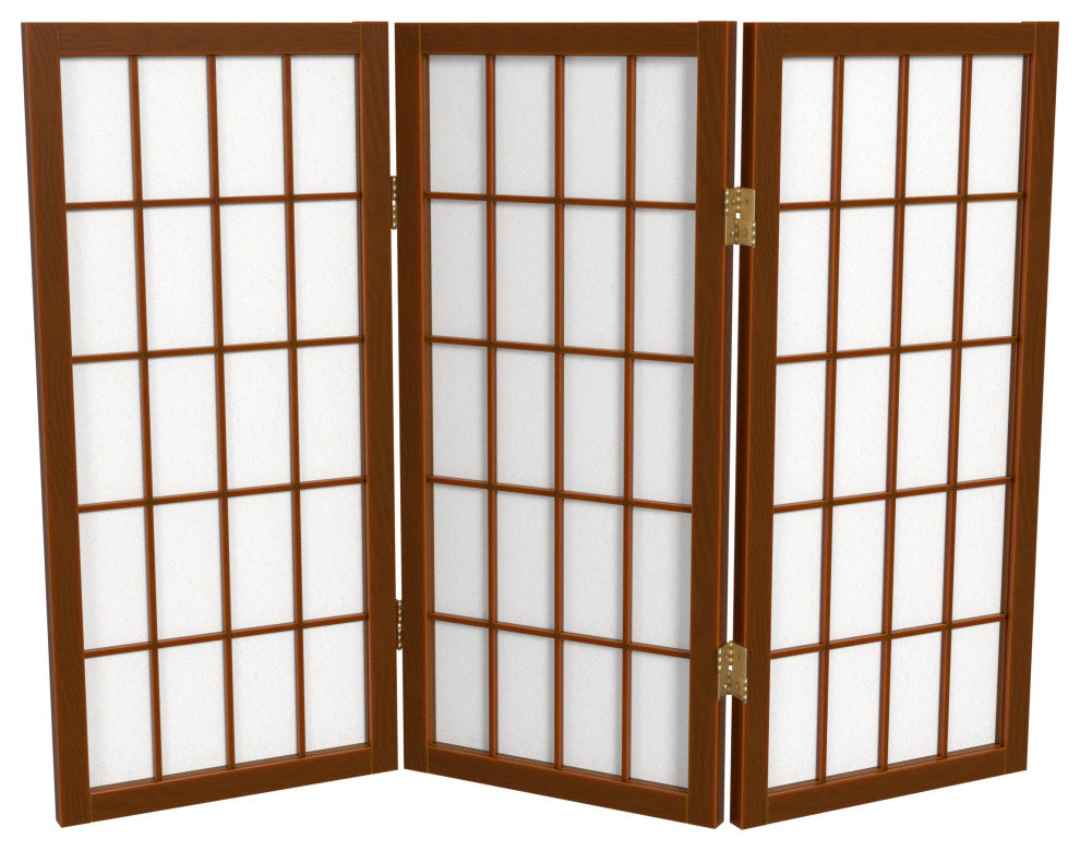 2' Tall Desktop Window Pane Shoji Screen, Walnut, 3 Panels
