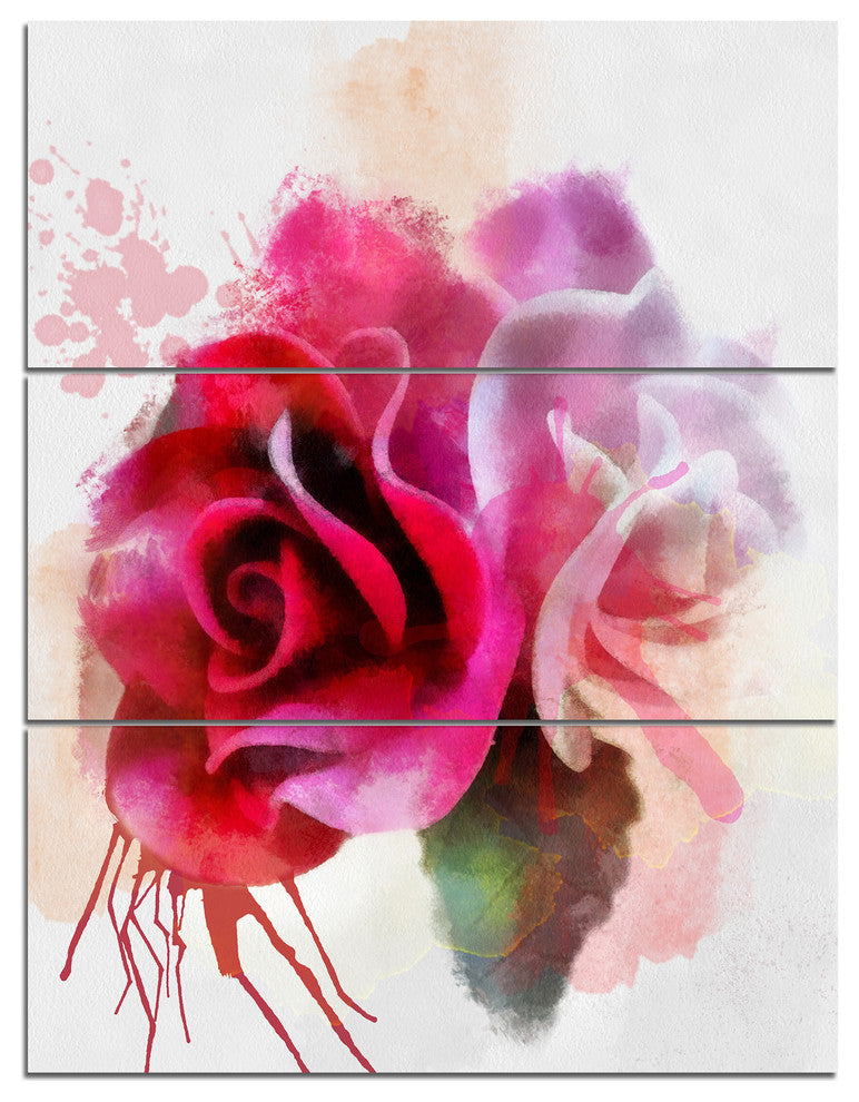 White Red Roses with Color Splashes, Floral Triptych Canvas Art, 28x36, 3 Panels