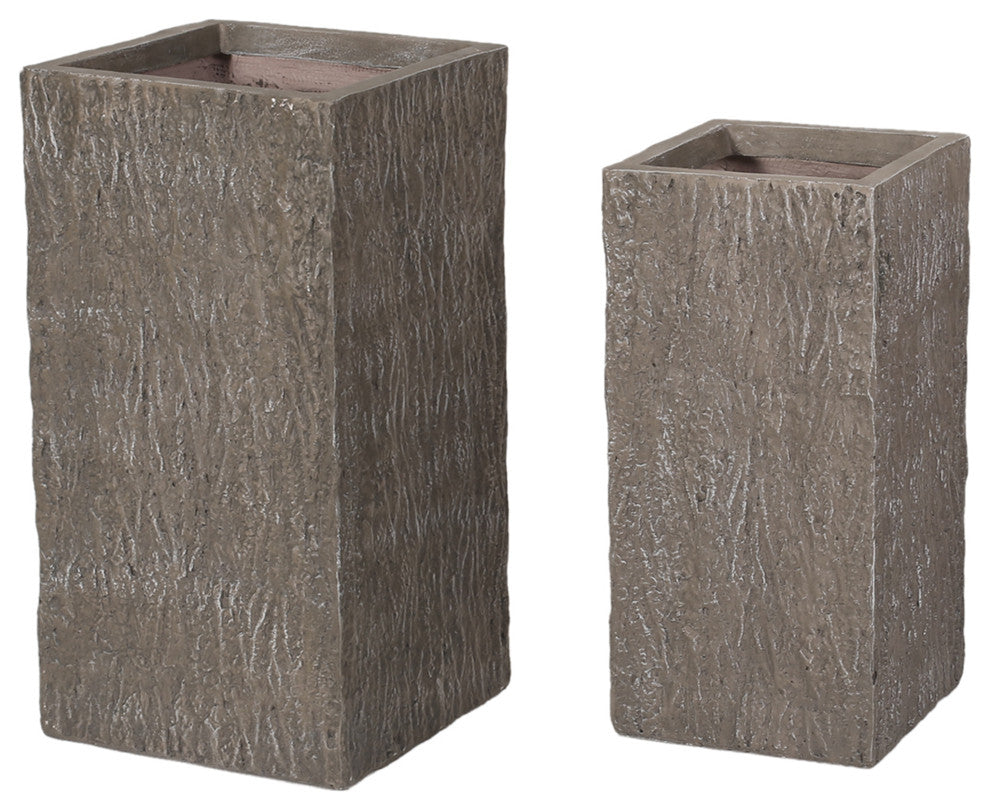 Berkamn Outdoor Large and Medium Cast Stone Planters, Set of 2, Brown Wood