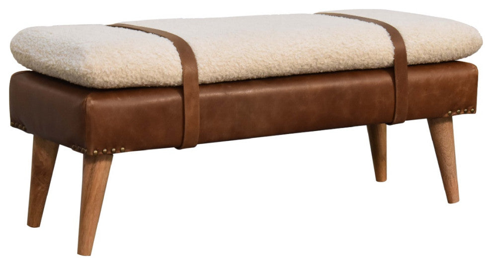 Solid Wood Boucle Buffalo Hide Leather Bench, Cream & Brown