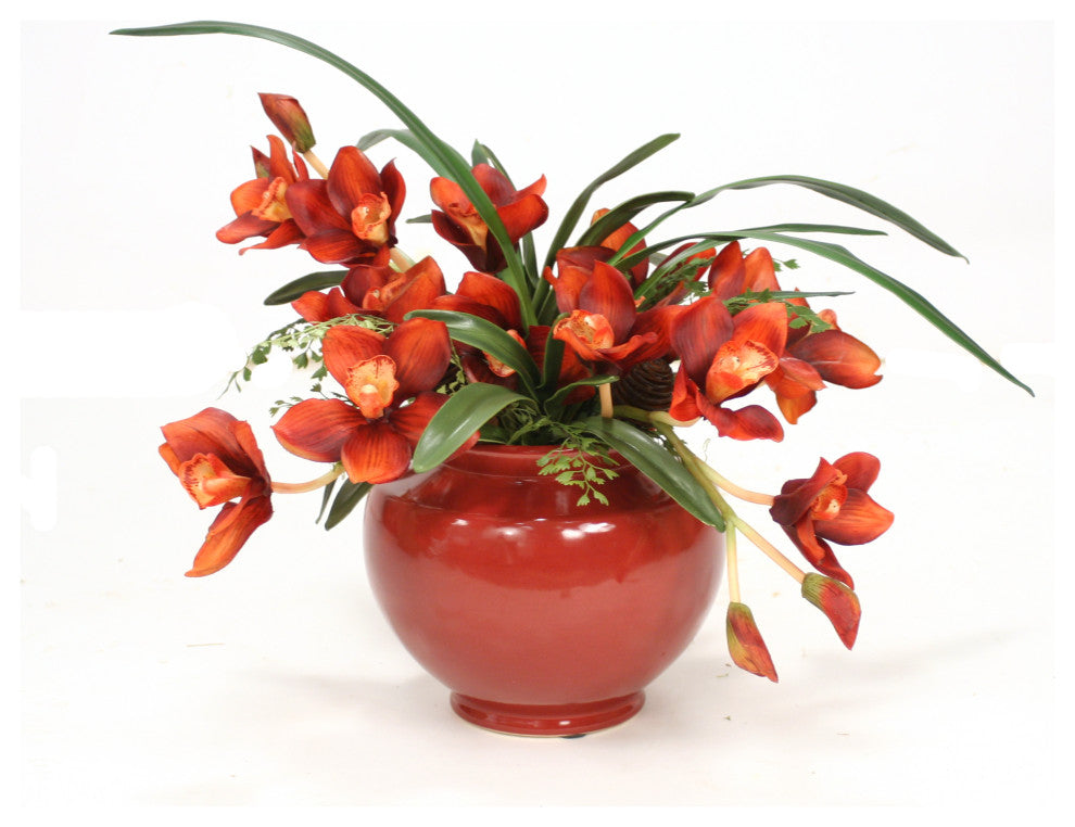 Rust Orchids with Maiden Hair Fern in Red Ceramic Planter