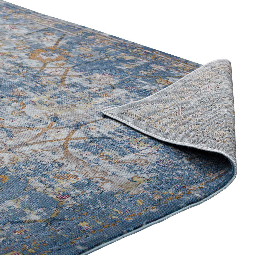 Blue Gray, Yellow and Orange Minu Distressed Floral Lattice 4x6 Area Rug