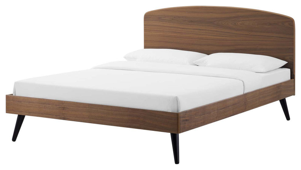 Platform Bed Frame, King Size, Wood, Brown Walnut, Modern Mid-Century, Bedroom