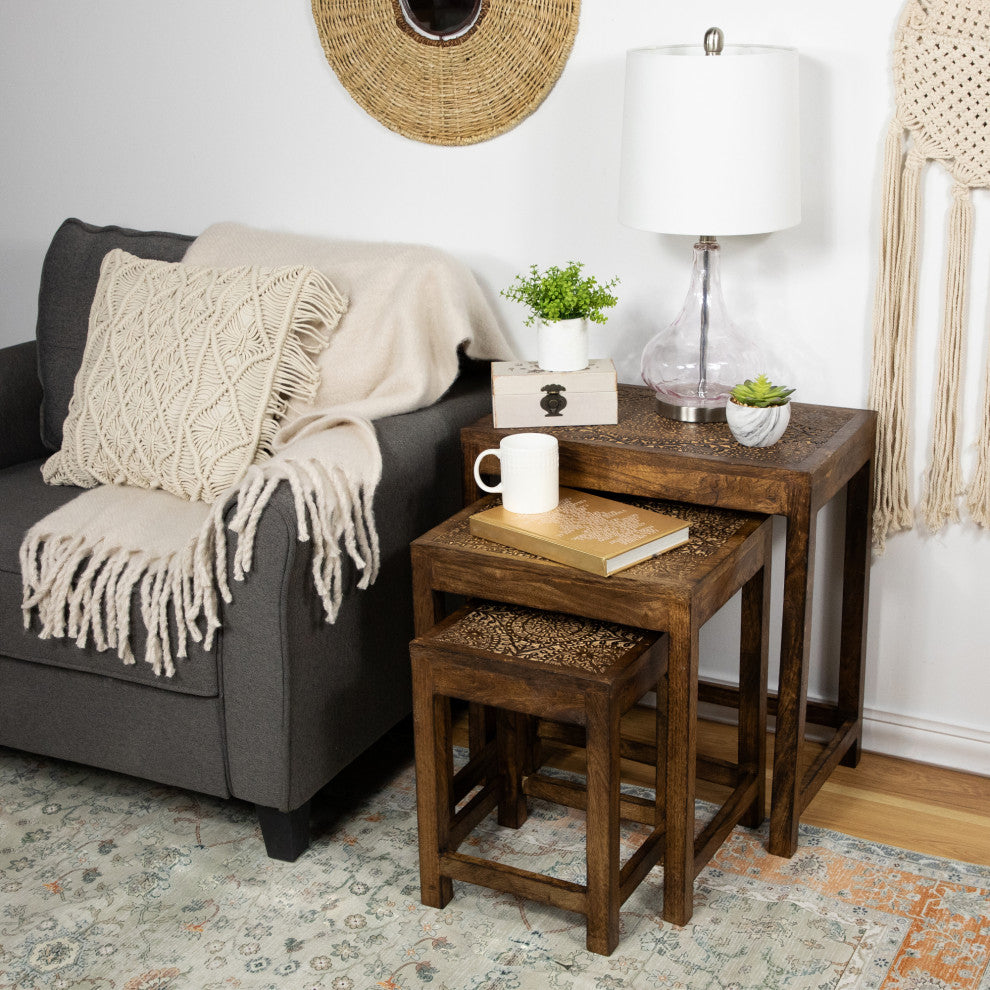 Set of 3 Walnut Brown Stackable Mandala Nesting Tables 24"