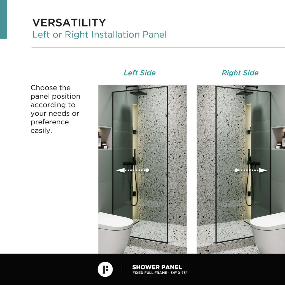 Single Fixed Glass Shower Panel - Clear Tempered Full Frame Shower Glass Door, Black, 34"