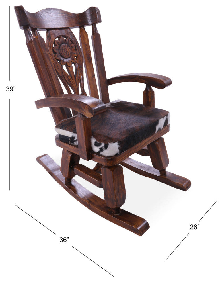 Wooden Rocking Chair Handcarved Back Removable Hair-On Cowhide Pillow RC133-CP