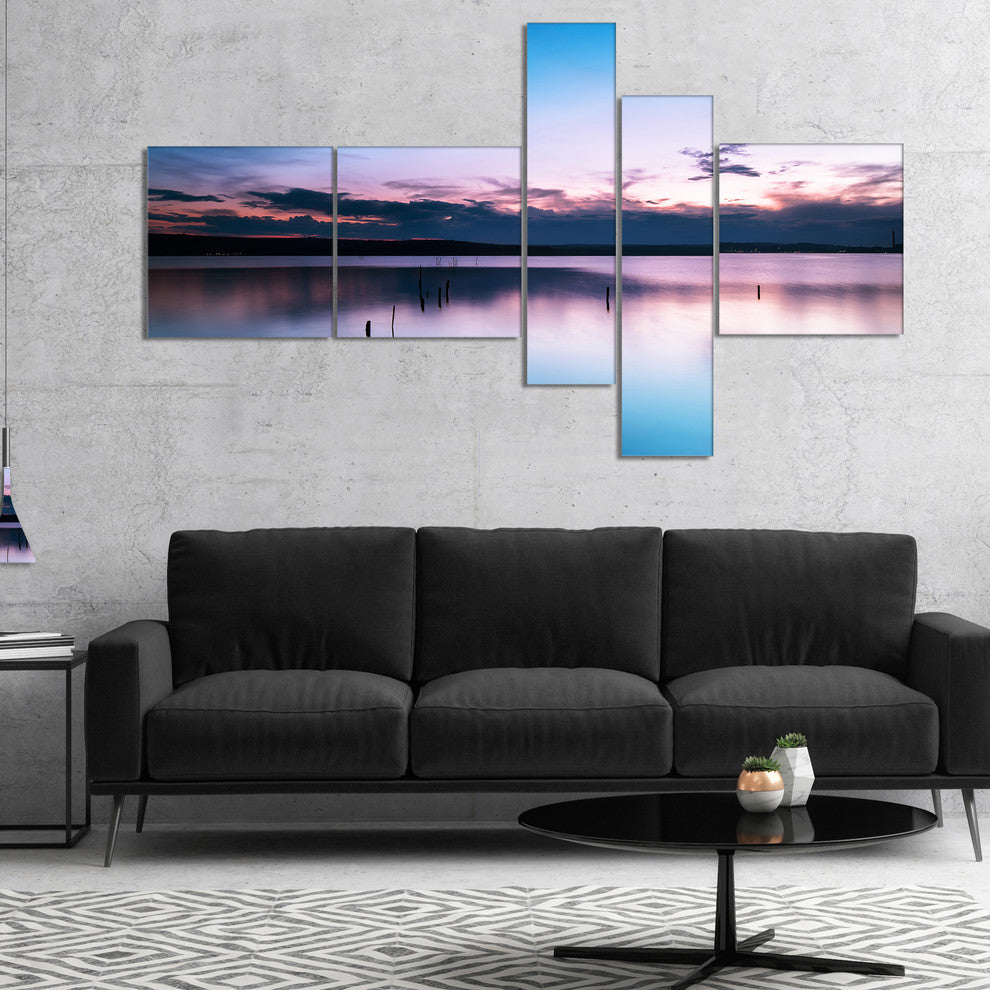 Sunset Over Lake Blue Everywhere, Seashore Canvas Art Print, 60"x32", 5 panels