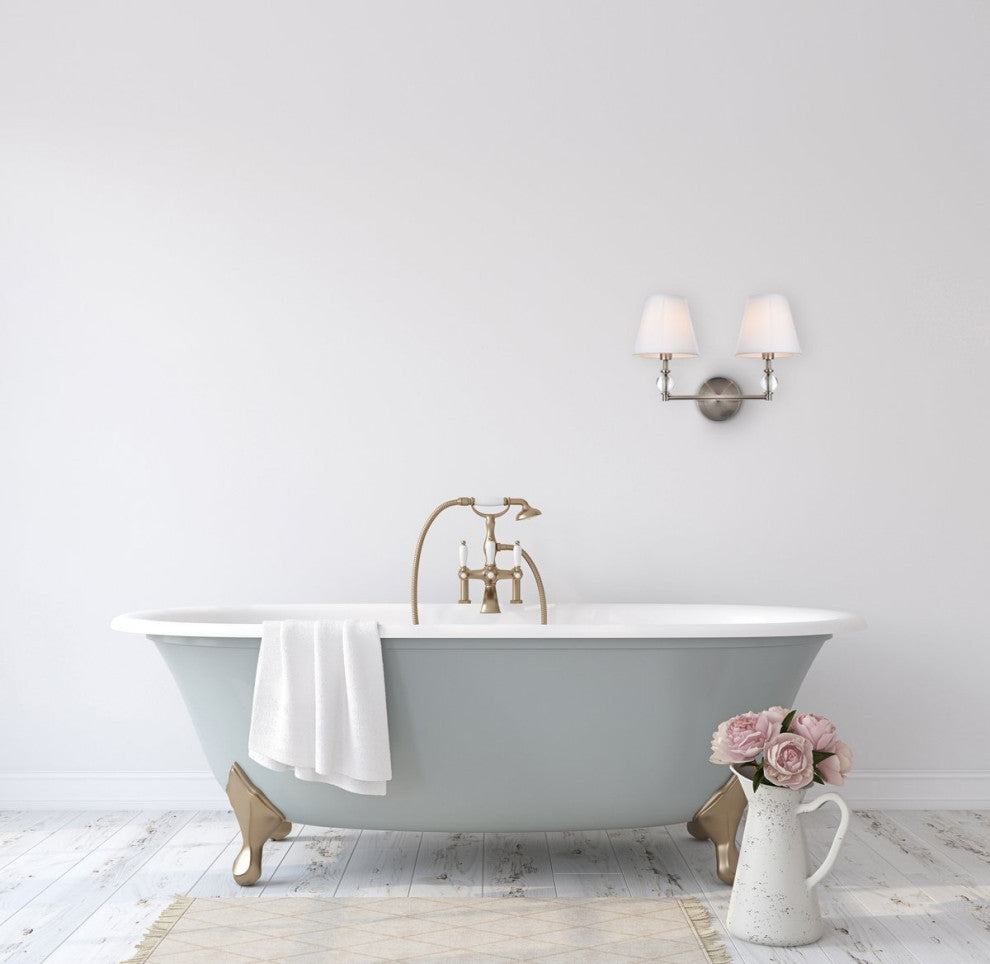 Beau 2-Light Bath Sconce, Satin Nickel With White Fabric Shade