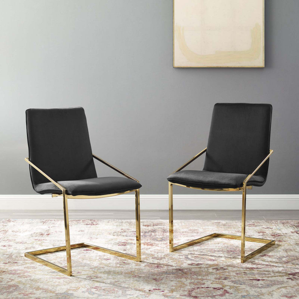 Side Dining Chair, Set of 2, Velvet, Metal, Gold Black, Cafe Bistro Restaurant