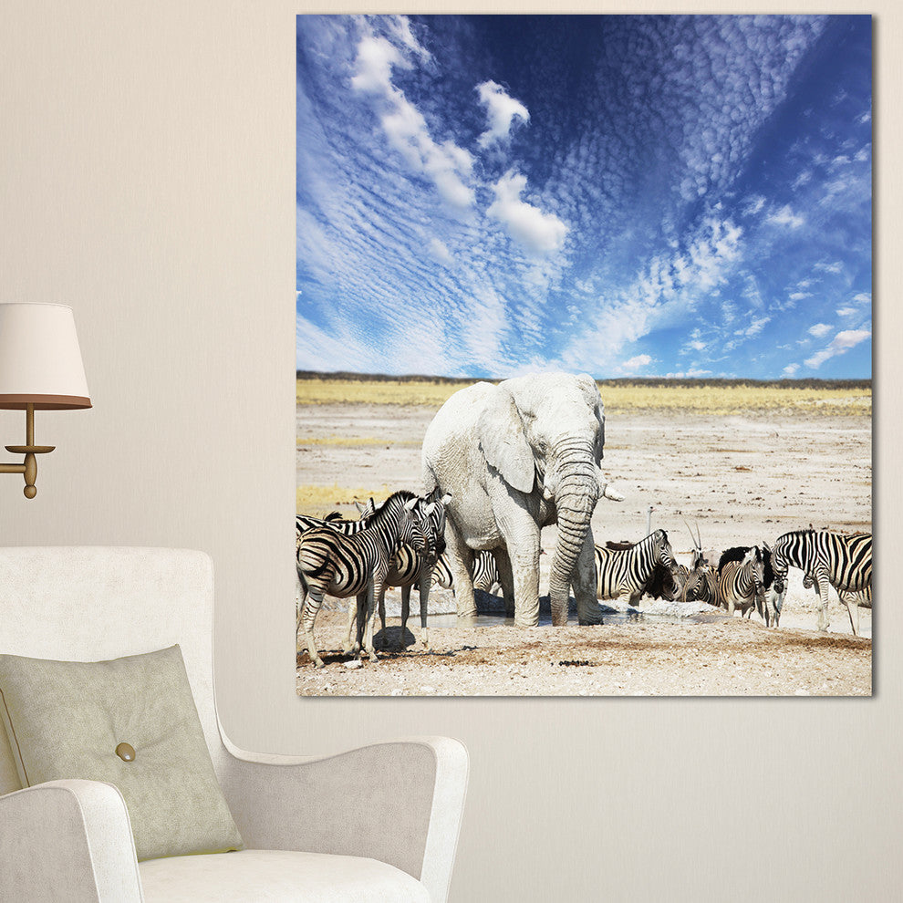 Huge White Elephant and Zebras, Abstract Canvas Art Print, 30"x40"
