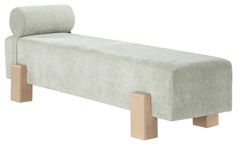 Edison Chenille Fabric Upholstered Bench, Green, Natural Finish