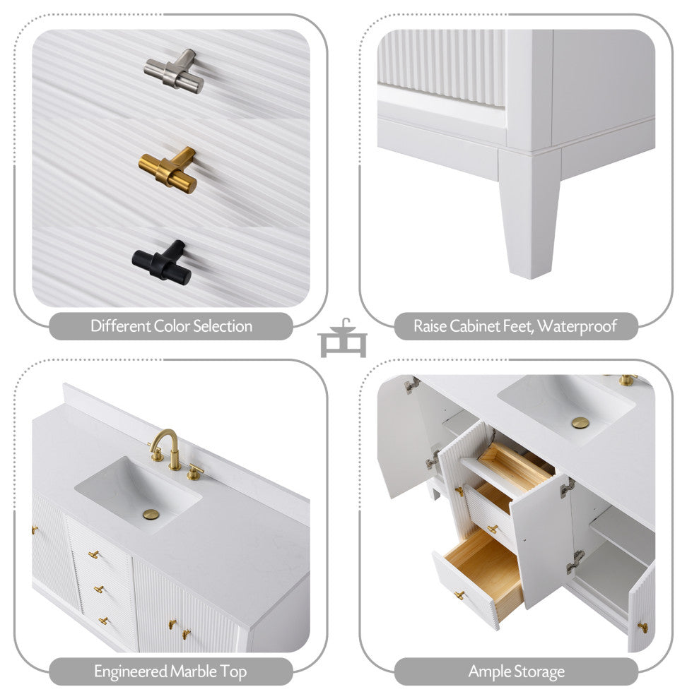 Vanity Art Bathroom Vanity with Engineered Marble Top and Sink, White, 60", Golden Brushed