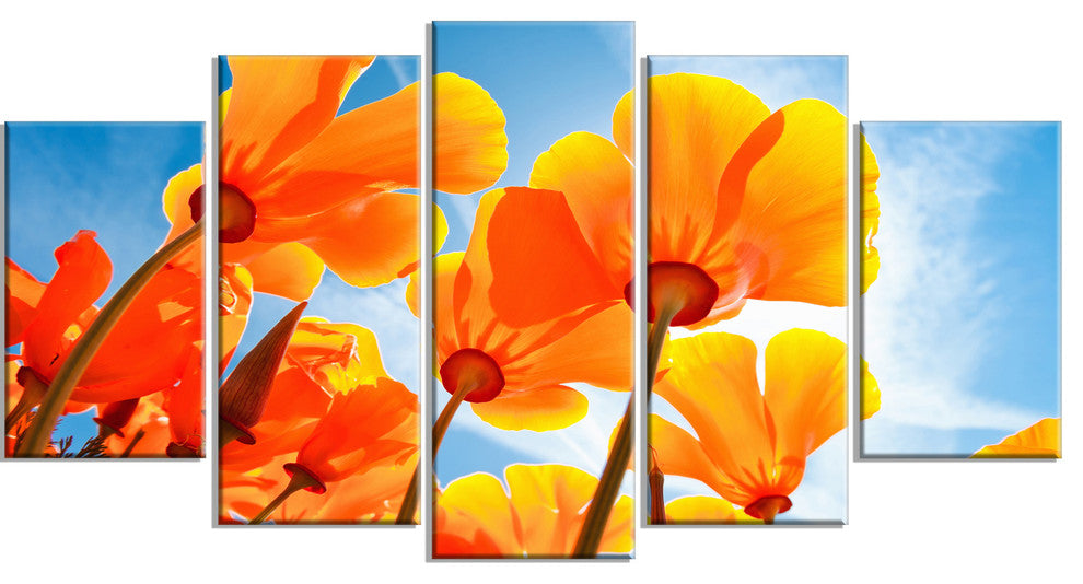 Yellow Spring Flowers on Blue, Floral Canvas Art Print, 60"x32", 5 Panels