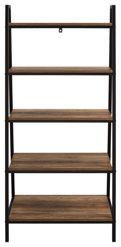 Contemporary Metal and Wood 5-Shelf Ladder Bookshelf "“ Rustic Oak