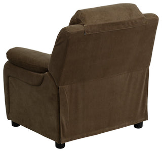 Deluxe Padded Contemporary Brown Microfiber Kids Recliner With Storage Arms