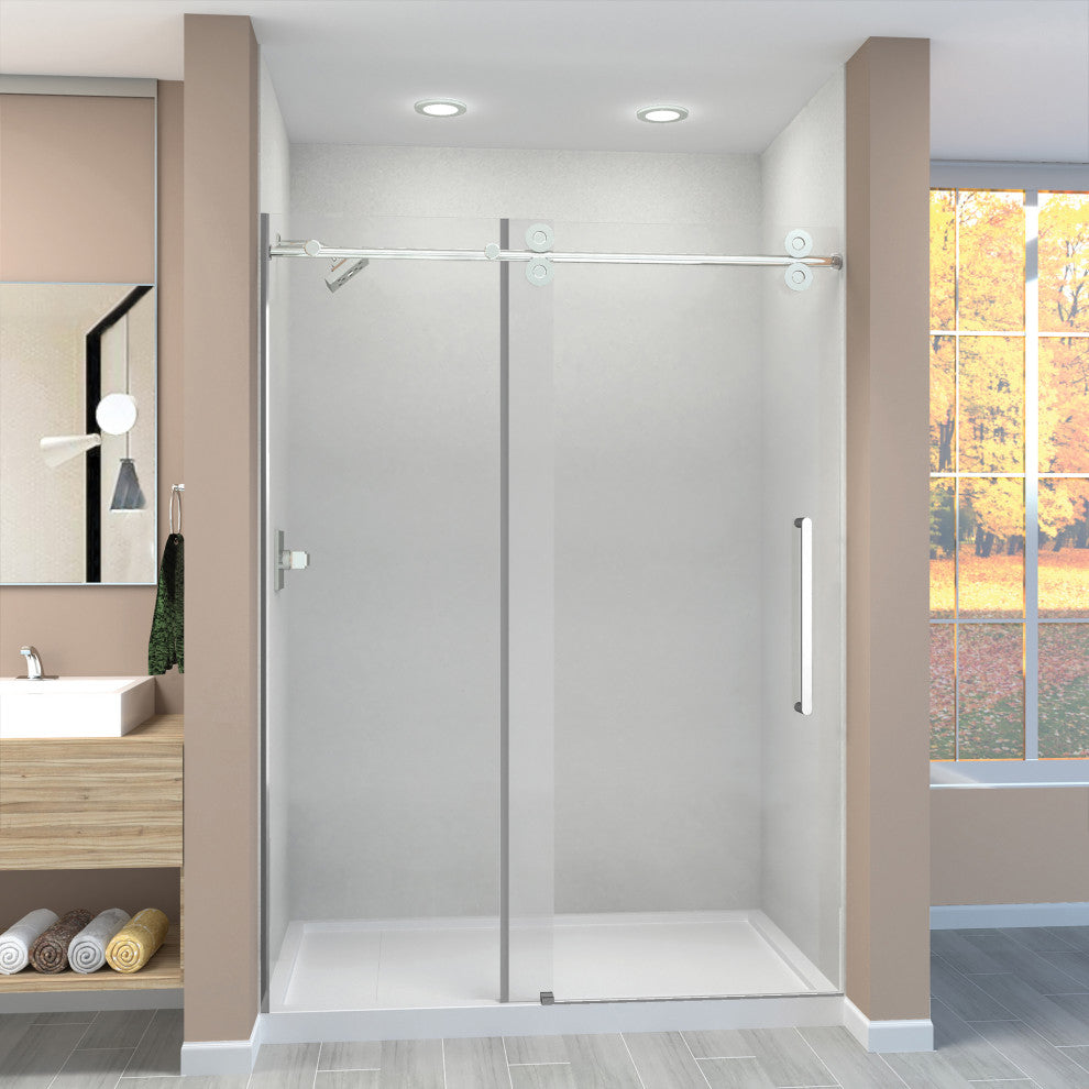 Teegan Sliding Shower Door, Fixed, Clear Glass, Polished Chrome, Riley Handle