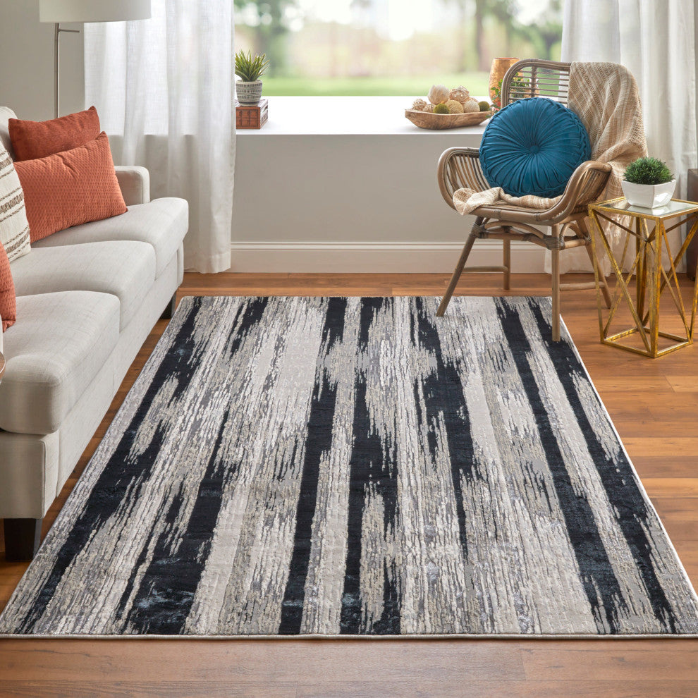 Orin R3338 Modern/Industrial Rug, Black/Silver, 13'x20'