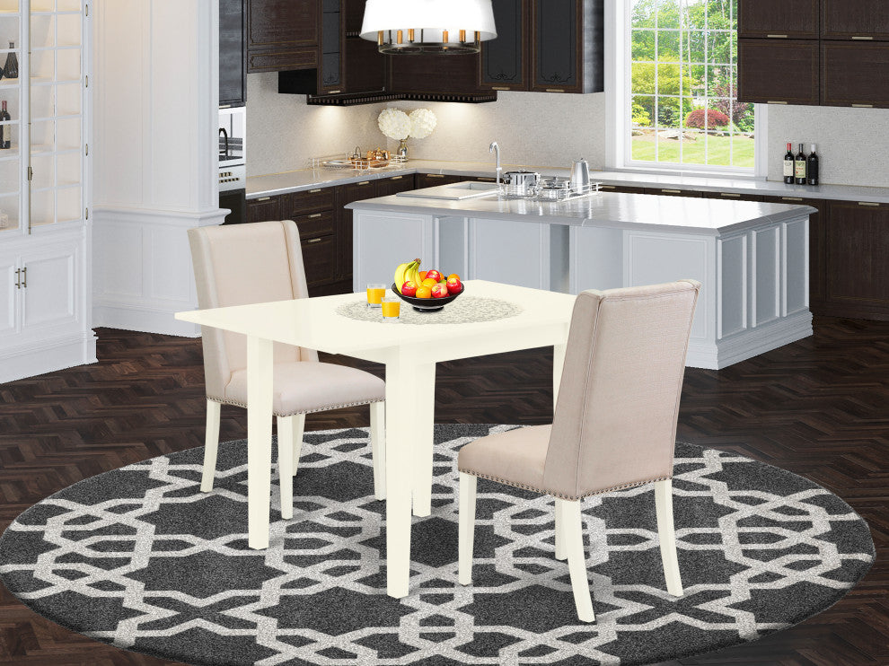 3Pc Dining Set, Drop Leave Table, 2 Chairs, Cream Chairs Seat, Linen White